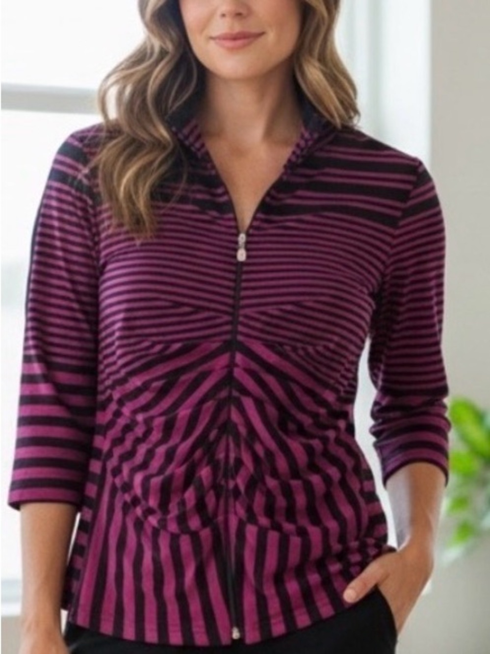 FLATTERING Joseph Ribkoff zip up vest cardigan striped pink black bodycon size 6
